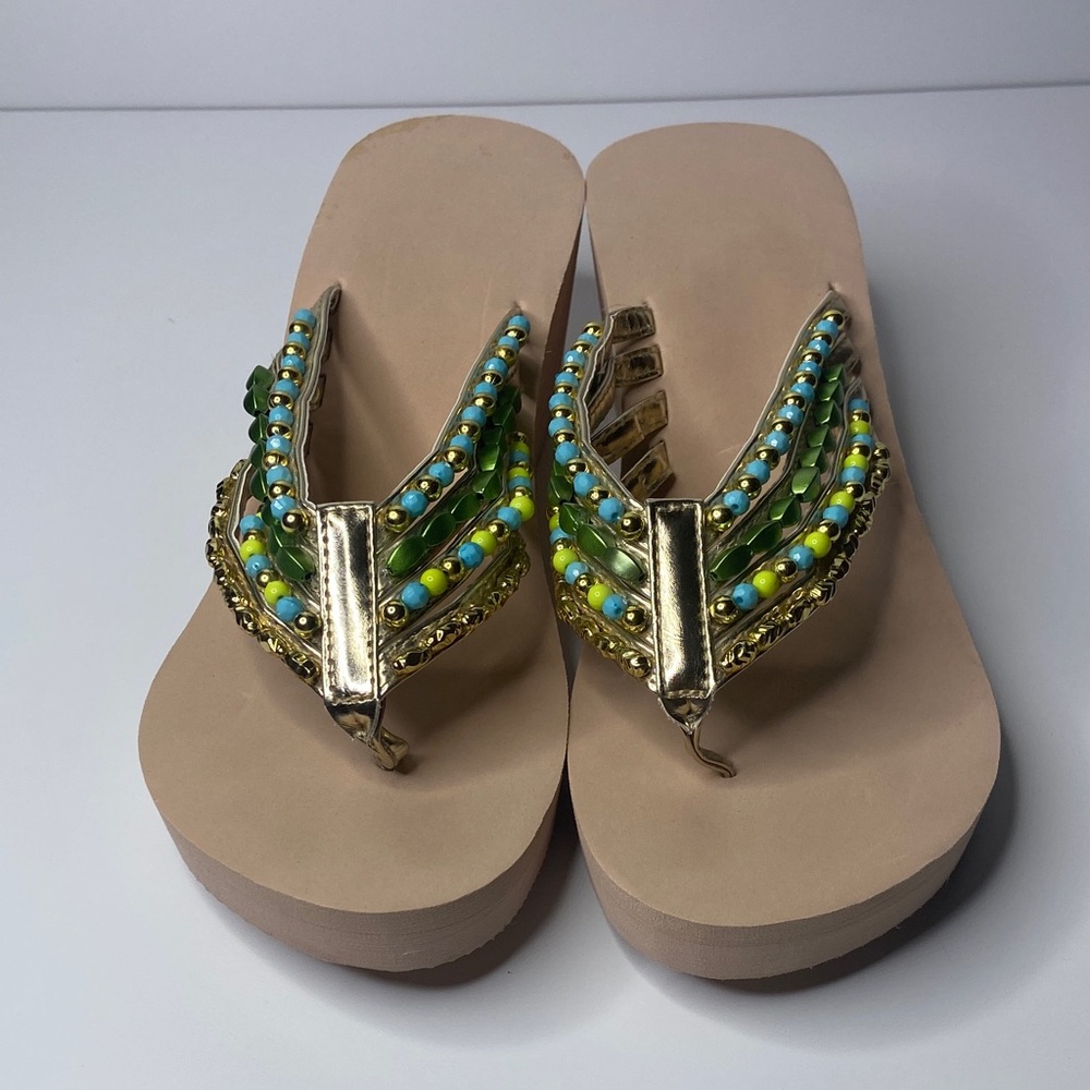 Avon Gold and Green Beaded Sandals